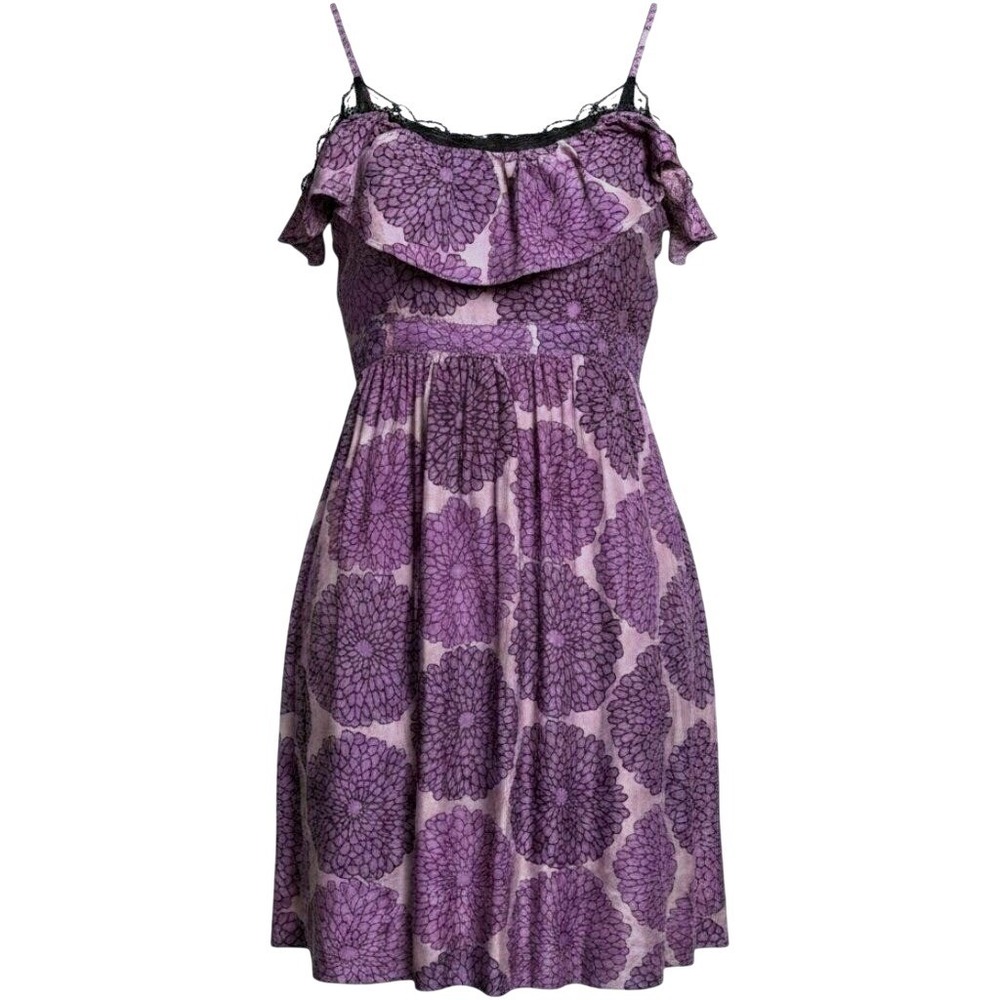 Lil for Anthropologie 100% Silk Purple Floral Mini Sundress 6 Lace Trim Ruffles‎